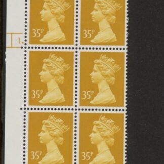 U346 (x989)  Harrison 35p yellow phos.(ACP)   perf RE  Cyld. 1 dot  U/M (MNH)