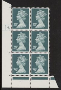 U310 (x977)  Harrison 28p deep bluish-grey phos.(ACP)   perf RE  Cyld. 4 dot  U/M (MNH)