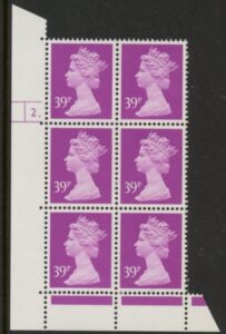U377 (x991)  Harrison 39p bright mauve phos.(ACP)   perf RE  Cyld. 2 dot  U/M (MNH)