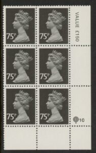 X1023 (UG130)  Questa 75p black Type 1 Cyl. Q10 row 20 U/M (MNH)