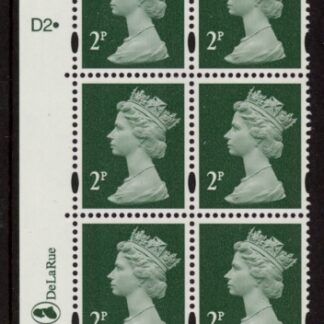 Y1668 (U85G) 2p TIII deep green. 2B DLR PVA cream Cyld. D2 phos D1  dot blue fluor U/M (MNH)