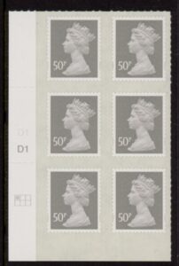 U2911  50p Grey 2B  'MAIL' cyld. D1 D1  grid position R1  C1  DLR  U/M (MNH)