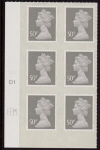 U2911  50p Grey 2B  'MAIL' cyld. D1 D1  grid position R1  C3  DLR  U/M (MNH)