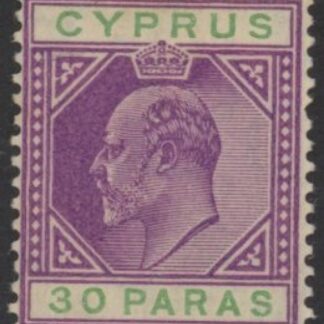 1904 Cyprus SG.63b 30pa purple & green 'broken top left triangle'. M/M