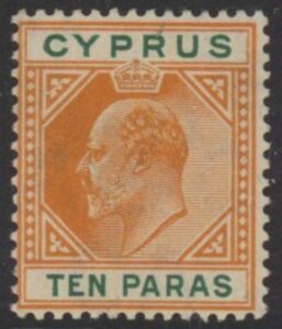1906 Cyprus SG.61c 10pa orange & green 'broken top left triangle. LM/M
