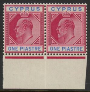 1903 Cyprus SG.52 1pi carmine & blue marginal pair. U/M (MNH)