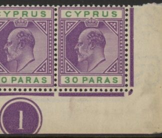 1903 Cyprus SG.51a 30pa  mauve & green. corner marginal pair. U/M (MNH)