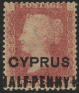 1881 Cyprus SG.7 1d red overprinted 'Cyprus Halfpenny' plate 208 corner letters DE M/M.