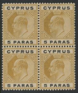 1908 Cyprus KEVII SG.60 5pa bistre & black  block of 4 U/M (MNH)