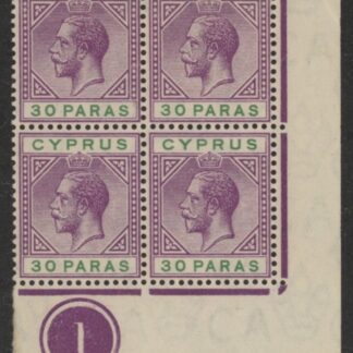 1913 Cyprus KGV SG.76a 30pa violet & green 'broken left triangle' in plate block of 4 (bottom right stamp) U/M (MNH)