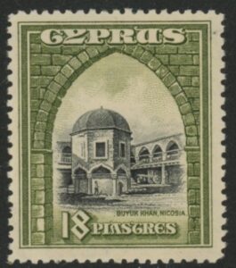 1934 Cyprus KGV SG.142 18pi black & olive green. M/M