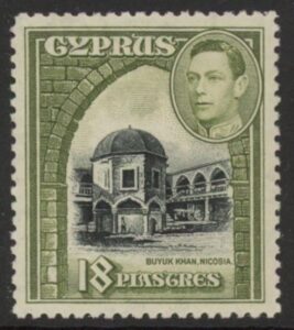 1947 Cyprus KGVI SG.160a 18pi black & sage green. M/M