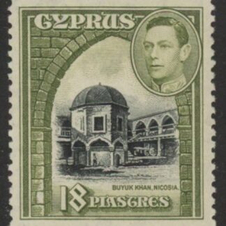 1947 Cyprus KGVI SG.160a 18pi  black & sage green.  M/M