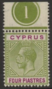 1912 Cyprus KGV SG.79  4pi olive-green & purple. plate 1 top perf U/M (MNH)