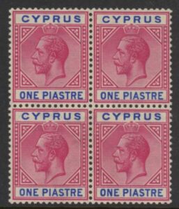 1915 Cyprus KGV SG.77b 1pi. carmine & blue. block of 4 U/M (MNH)
