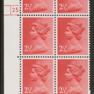 U97 (x929)  Harrison 2½p rose-red Type II phos (FCP)    perf RE  Cyld. 25  dot  U/M (MNH)