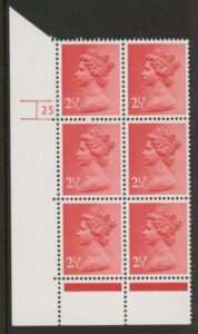U97 (x929)  Harrison 2½p rose-red Type II phos (FCP)    perf RE  Cyld. 25  no dot  U/M (MNH)