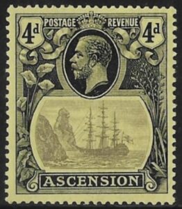 1924 Ascension. SG.15c 4d grey-black and black/yellow. variety 'Cleft Rock' LMM