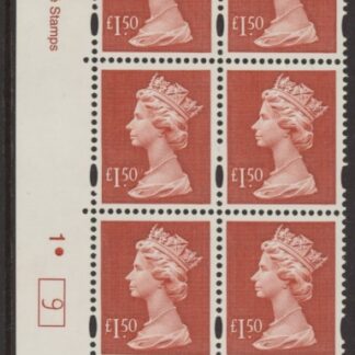 Y1800 (UC14)  Enschedé £1.50 red  Cyld. 1 dot (9)  U/M (MNH)