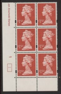 Y1800 (UC14) Enschedé £1.50 red Cyld. 1 no dot (1) U/M (MNH)