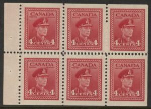 1943 SG380a 4c carmine lake booklet pane of 6 U/M (MNH)