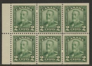 1928 Canada SG.276a 2c green booklet pane of 6 mounted mint