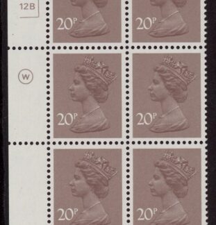 X999 (UG49)  Waddington 20p  dull purple. Cyld. 18A 12B no dot. U/M (MNH)