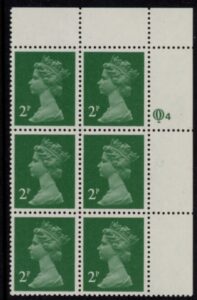 X1000 (UG4) Questa 2p TI Perf 14 emerald green. FCP Cyld. Q4 row 1 U/M (MNH)
