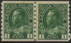 1912 Canada SG.219 1c yellow-green imperf x perf 8 coil pair U/M (MNH)