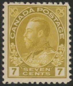 1915 Canada SG.208 7c olive-yellow mounted mint.