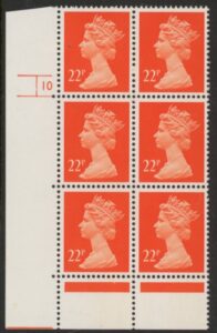 U281 (x964)  Harrison 22p bright orange-red . ACP/PVAD. cyld. 10 no dot .U/M (MNH)