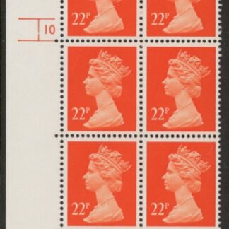 U281 (x964)  Harrison 22p bright orange-red . ACP/PVAD. cyld. 10 no dot .U/M (MNH)