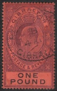 1903 Gibraltar SG.55 wmk. crown CA £1 dull purple & black/red. fine used
