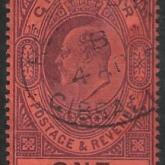 1903 Gibraltar SG.55 wmk. crown CA £1 dull purple & black/red. fine used