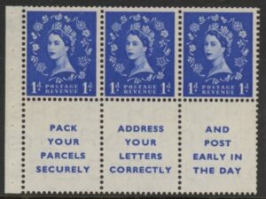 SB25 Tudor Crown 3 x 1d + 3d lables, watermark upright perf I  (good perfs) U/M (MNH)