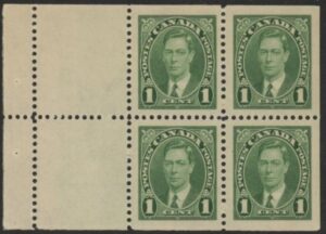 1937 Canada SG.357a 1c green  booklet pane of 4 + 2 labels  U/M (MNH)