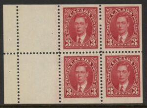 1937 Canada SG.359a 3c scarlet  booklet pane of 4 + 2 labels  U/M (MNH)