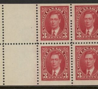 1937 Canada SG.359a 3c scarlet  booklet pane of 4 + 2 labels  U/M (MNH)