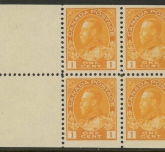 1922 Canada SG.246aa 1c chrome yellow.  booklet pane of 4 + 2 labels  U/M (MNH)