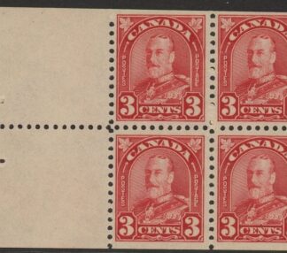 1931 Canada SG.293a 3c scarlet.  booklet pane of 4 + 2 labels  U/M (MNH)