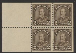 1931 Canada SG.292ba 2c deep brown. booklet pane of 4 + 2 labels M/M