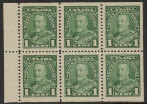 1935 Canada SG.341a 1c green. booklet pane of 6. U/M (MNH)