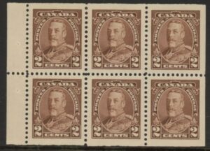 1935 Canada SG.342a 2c brown.  booklet pane of 6. U/M (MNH)