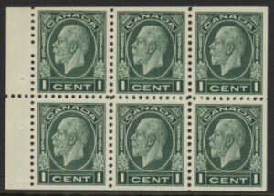 1933 Canada SG.319a 1c green. booklet pane of 6. U/M (MNH)