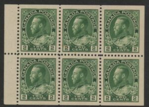 1922 Canada SG.247ab 2c green.  booklet pane of 6. (cat. value £325) M/M