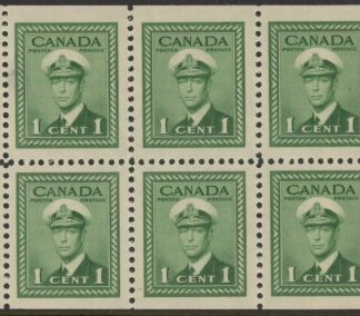 1942 Canada SG.375b 1c green booklet pane of 6 U/M (MNH)