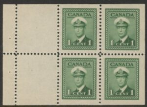 1942 Canada SG.375a 1c green. booklet pane of 4 + 2 labels. U/M (MNH)