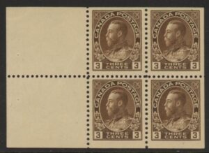1922 Canada SG.205a 3c deep brown. booklet pane of 4 + 2 labels. M/M