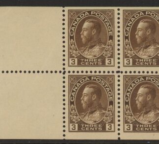 1922 Canada SG.205a 3c deep brown.  booklet pane of 4 + 2 labels.  M/M