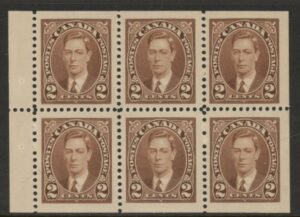1938 Canada SG.358b 1c green.  booklet pane of 6  M/M